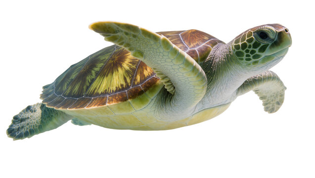 Isolated majestic green sea turtle gracefully swimming through the water, powerful marine animal.