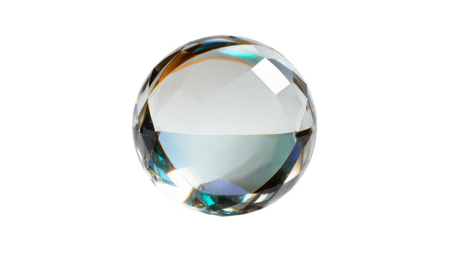 Isolated faceted clear crystal sphere reflecting light with vibrant blue green and gold hues