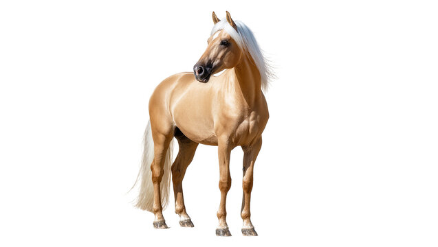 Isolated beautiful palomino horse with flowing white mane and tail standing gracefully