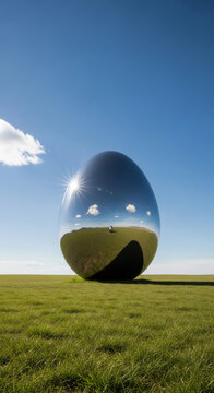 Reflective metallic Easter egg on a green grass field under a bright blue sky. Surreal spring concept for holiday celebration.