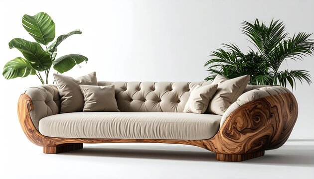 Elegant couch displays in a bright white studio setting with plants, showcasing interior design