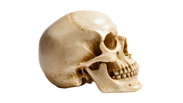 Isolated human skull anatomical model side profile view for medical education and study