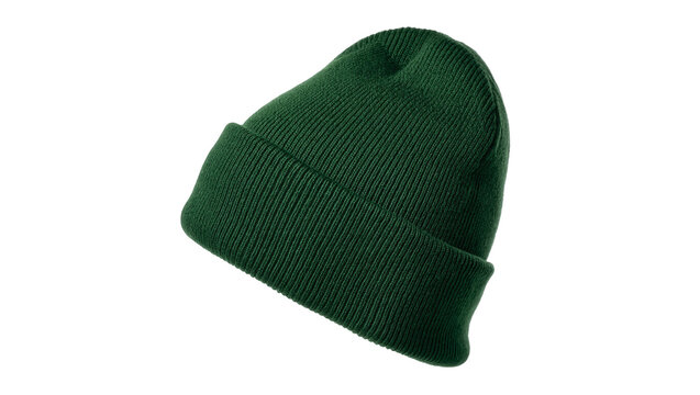 Isolated dark green ribbed knit beanie hat, essential winter fashion accessory, cozy headwear