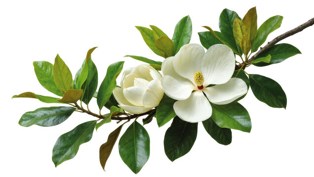 Isolated magnolia flowers and green leaves on a branch, beautiful elegant spring blossoms.