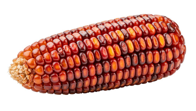 Isolated close-up of a single vibrant red ear of flint corn on the cob, autumn harvest