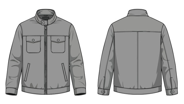 Technical illustration of a contemporary men's casual jacket design presented in a sleek monochromatic scheme showing both front and back views for