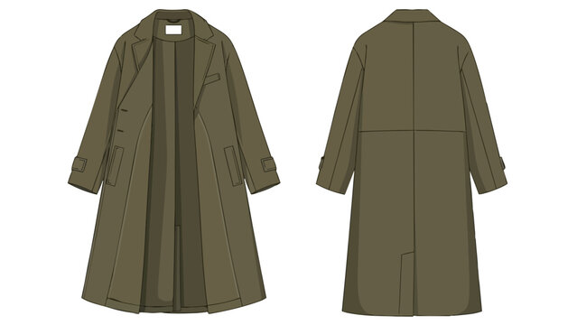 Stylish earth-toned long coat design template with front and back views for fashion apparel illustration
