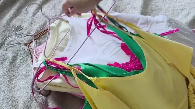 A woman puts hangers with clothes on the bed. A pile of clothes on the bed. Wardrobe analysis. A woman is sorting through her clothes. Storage