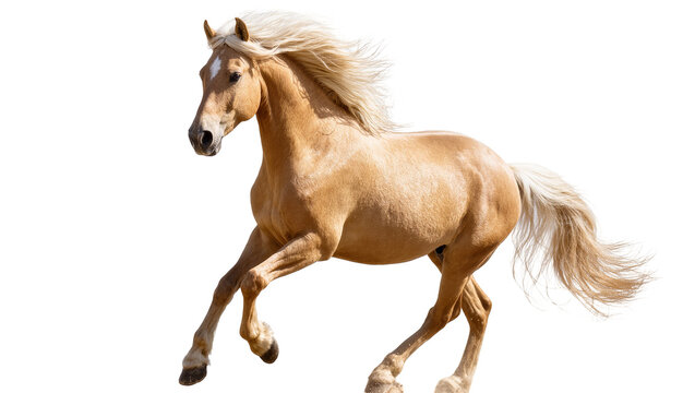 Isolated palomino horse with flowing mane and tail galloping with powerful grace
