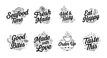 Food typography set, restaurant signage, flat vector illustration, decorative lettering design, culinary badge artwork, tasty branding, packaging graphic collection © MdNaimurRahaman