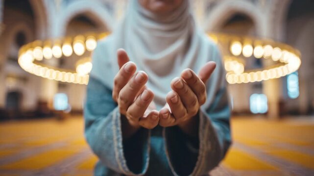 A person stands with hands open, expressing devotion in a mosque with stunning architecture. The warm glow of lights creates a tranquil atmosphere for reflection and faith.