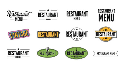 Restaurant menu logo collection, vintage typography design, flat vector illustration, culinary badge artwork, food branding emblem, decorative dining graphic © MdNaimurRahaman