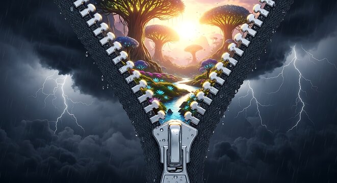 Magical zipper opening to reveal a vibrant fantasy forest landscape with lightning