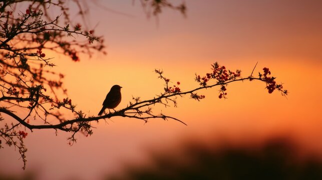 Silhouetted Bird Perched on Branch Amidst Vibrant Sunset with Colorful Sky and Blossoming Flowers Creating a Serene Nature Scene