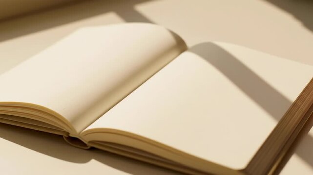 Open Blank Book with Hand Turning Page in Soft Sunlight