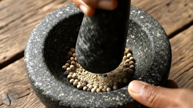 Close up of hands grinding spices in mortar and pestle on wooden surface
