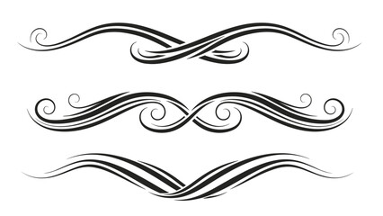 Fototapeta premium Three sets of elegant black decorative flourishes and swirl borders for document headers or invitations on a plain white background.