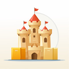 Fototapeta premium Illustration of a whimsical castle with red flags atop cream turrets