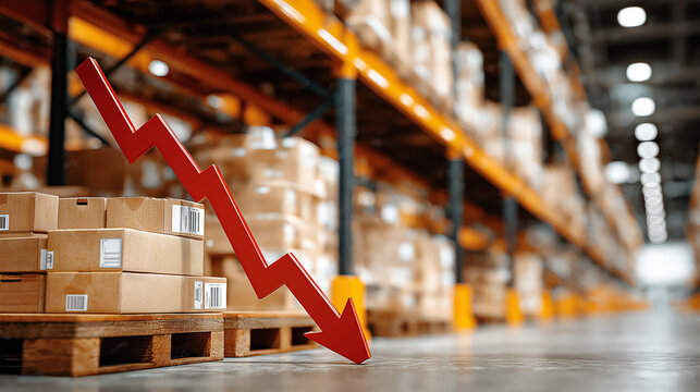 Economic Downturn in the Warehouse: A visually arresting image of a warehouse interior, the presence of a bold red arrow pointing downwards.