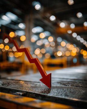 Economic Downturn Concept: A symbolic red arrow pointing downward, against a blurred industrial background, embodies financial decline and economic downturn.