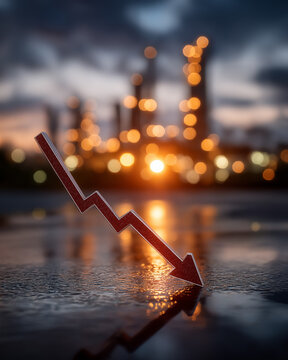 Financial Downturn Symbolism: A striking visual of a red downward arrow, positioned prominently against the backdrop of an industrial landscape at dusk.