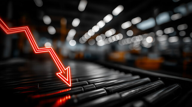 Economic Downturn: A conceptual representation of economic challenges, highlighting the downward trend with a red arrow against a blurred industrial backdrop.