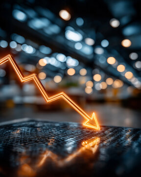 Financial Decline: A glowing neon arrow points downwards on a blurred backdrop, symbolizing financial decline. It conveys the concept of economic downturns, investment losses, or market corrections.