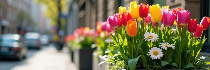 Colorful spring tulips and daisies in an urban planter box. Blurred city street background with cars and buildings on a sunny day
