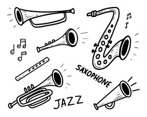 Set of wind musical instruments. Vector sketch, hand drawn. Saxophone, trumpet, trombone, flute. Symphony orchestra. Ensemble accompaniment. Line art graphic illustration. © Mari Bryk