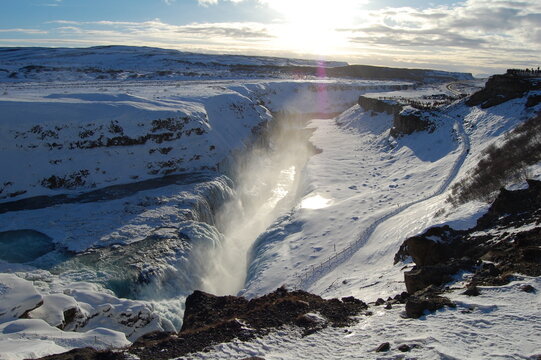 Gullfoss waterfall in snowy Icelandic winter landscape