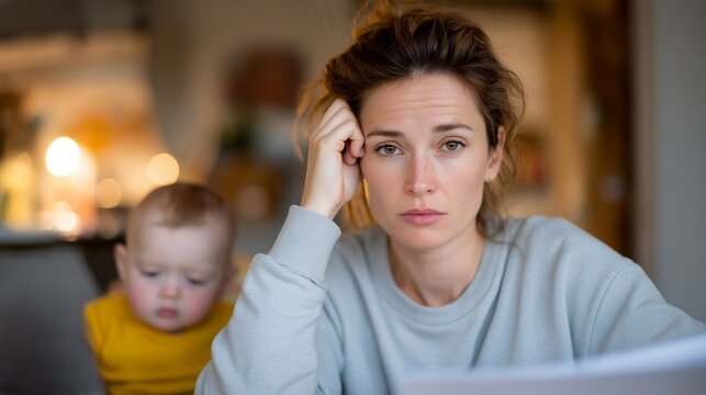Exhausted mother simultaneously nursing baby and reviewing work documents at kitchen table while toddler colors on walls behind her unnoticed, perfect for parenting overwhelm, work-from-home chaos,