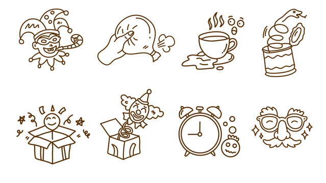 Brown line art doodles of celebration and prank elements for april fools