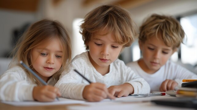 Three siblings different ages completing separate homework subjects at same table, tutoring chaos, dictionaries calculators and markers everywhere, perfect for multi-child families, education