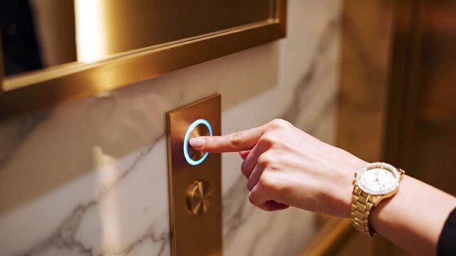 Elevator Button Touch: A person's hand gracefully interacts with the elevator button, poised to ascend or descend, showcasing modern design and anticipation.