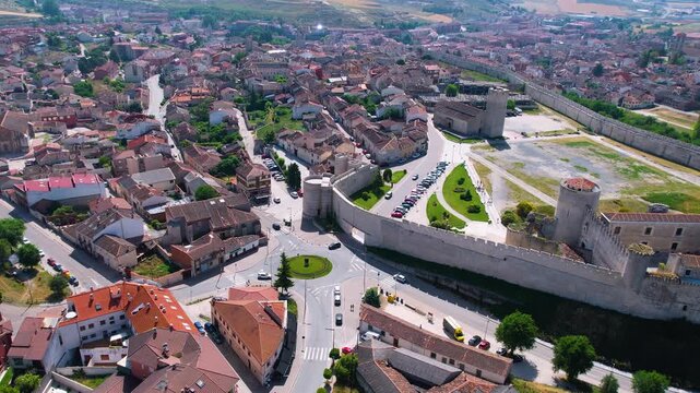 Aerial panorama view around the downtown of the city Cu&eacute;llar  a municipality in the Province of Segovia  in Spain on a sunny summer noon.