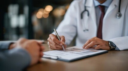 Obraz premium Endocrinologist reviewing metabolic panel results with patient considering pharmacological obesity treatment, hormone level charts and medication information packets spread across consultation