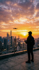 Fototapeta premium Silueta de persona pilotando un dron frente al skyline urbano al atardecer. Concepto de tecnología, innovación y fotografía aérea.