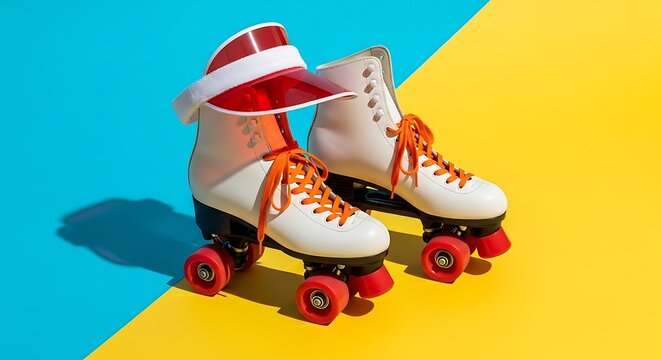 Retro White Roller Skates with Red Wheels and Sun Visor on a Bright Dual Tone Surface
