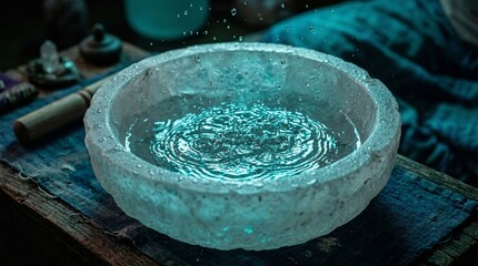 Mystical Stone Bowl with Radiant Water Ripples