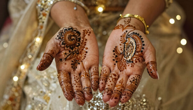 Hands with intricate henna mehndi design for wedding or festival celebration
