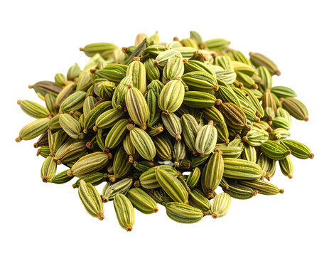 Vibrant botanical macro photography showcasing a dense pile of fresh raw pale green fennel or cumin seeds on a white base.