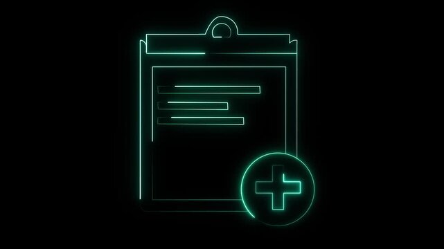 Neon Clipboard with Plus Sign Icon on animated Black Background document paper