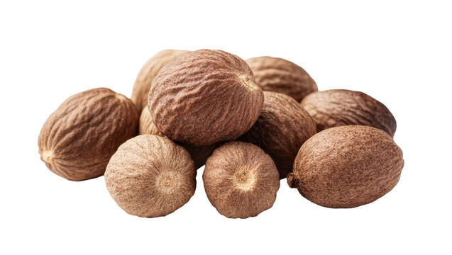 Isolated pile of whole nutmeg spice, aromatic culinary ingredient for cooking and baking