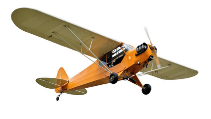 Isolated vintage orange propeller plane taking flight, a timeless symbol of aviation adventure © Clementine