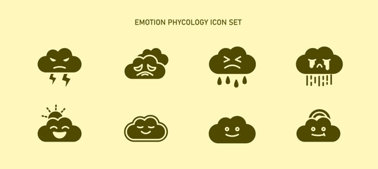 Obraz premium psychology emotion feeling within cloud cartoon icon set for mental health include smile joyful face, angry, mindfulness, sad, relax, anxiety, confident, depression. emoticon weather glyph icons