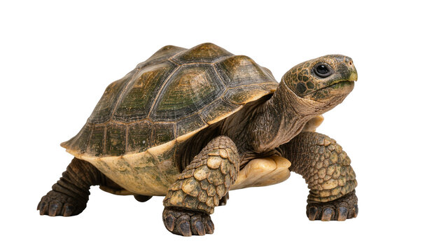 Isolated young tortoise standing, full body profile view, shelled reptile, slow moving animal