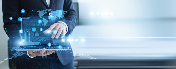 Mobile Security protection, cybersecurity expert using virtual laptop of Mobile Security system on structure smartphone encryption threat detection data privacy platform. Secure access control. © TechLens