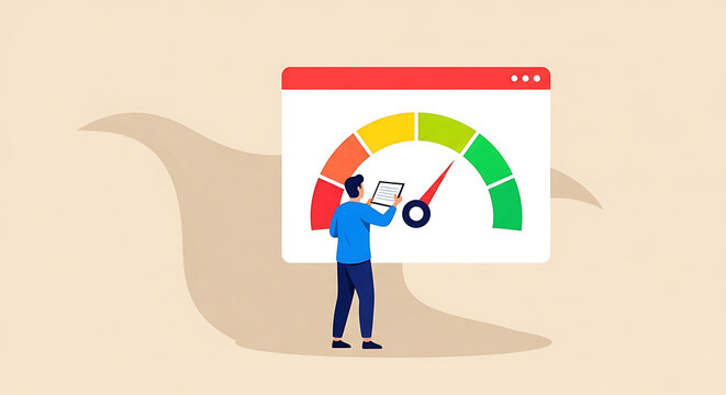 Person analyzing performance gauge in office setting with technology