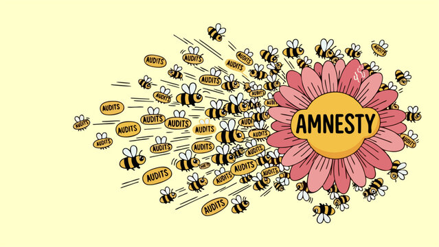 Cartoon Bees Swarming Towards Flower Labeled AMNESTY Concept Illustration