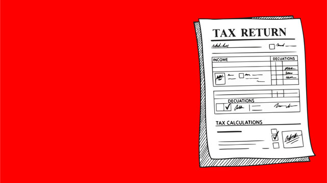 Hand Drawn Tax Return Form on Bright Red Background with Copy Space